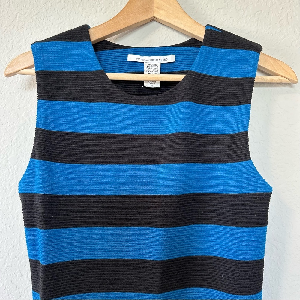 Diane von Furstenberg Blue-Black Striped Textured Wool Rigmora Dress - Picture 6 of 10